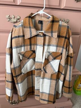 SHEIN Tan Cream and Gray Plaid Shacket